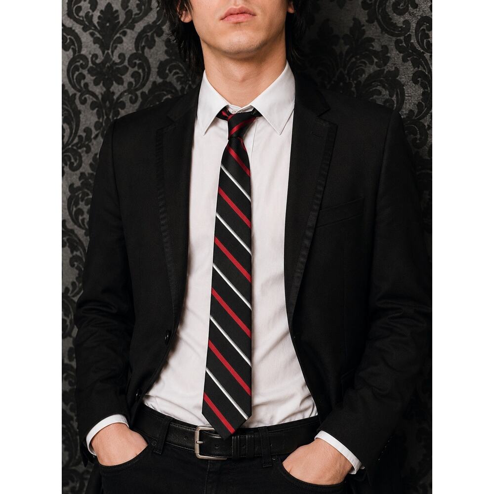 Vintage Y2K Black Red Silver Striped Silk Tie Emo Formal Pop Punk 3.25”